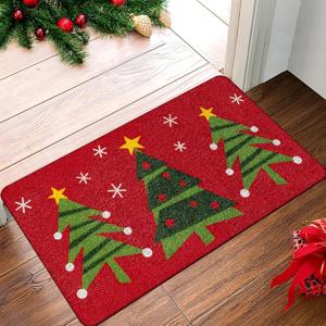 TEMU 1개 축제 크리스마스 도어매트 레드 배경 & 그린 트리 디자인 - 내구성 있는 폴리에스터, 세탁기 사용 가능, 거실, 침실, 주방, 욕실용 직사각형 매트 - 크리스마스 장식에 완벽한 크리스마스 장식, 크리스마스 트리 매트/러그, 입구용 도어 매트 실내