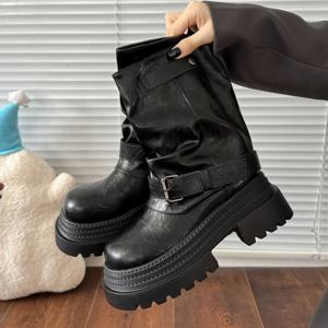 TEMU 여성용 청키 플랫폼 부츠 - 슬립온 라운드 토 Fau 커버 어퍼와 두꺼운 고무 밑창, 브라운/블랙/그레이/그린/베이지 - 청바지, 드레스 및 캐주얼 의상에 적합한 겨울용 트랙션 (편안한 플랫 힐)