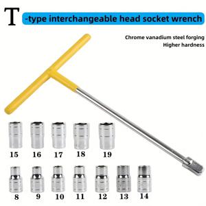 TEMU 13피스 T자 렌치 세트 - 주철 크롬 바나듐강, 12개 소켓 포함 (8-19mm), 확장형 연결 막대, 고무 그립, 교체 가능한 헤드 - 다용도 세트 - 자동차, 트럭 및 오토바이에 적합 - 차량 내 장치 도구, 토크렌치, 토크증폭기, 토크 렌치
