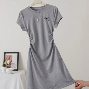 TEMU 여성용 캐주얼 시크 드레스 - 매력적인 핏 & 우아한 리본 장식, 라운드넥 반팔 일상 및 정장용 - 사계절 여성 의류, 다재다능한 워드로브 필수품, 여성 디자인, 고품질 스티칭, 세련된 블라우스, 패션 애호가용, 여름 드레스, 미디 길이 드레스, 여성용 미디 드레스, 여성을 위한 드레스