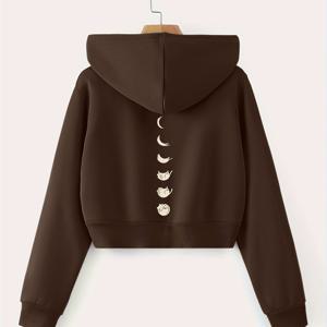 TEMU 패션 여성용 프린트 캐주얼 심플 스타일리시 봄/가을 숏 후드 지퍼업 스웨트셔츠 자켓, 귀여운 고양이 달 그림자 패턴 숏 후드 스웨트셔츠, 여성 패션 캐주얼 긴팔 후드티, 가을 겨울 숏 후드티, 데이트, 쇼핑, 일상 착용에 적합