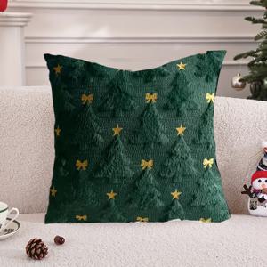 TEMU 1개 대형 18x18 인치 3D 플러시 그린 올리브-그린 () 크리스마스 트리 베개 커버, 골든 스타 & 리본 - 소파, 침대, 의자용 부드러운 케이스 - 지퍼 클로저, 세탁기 사용 가능 레트로 겨울 홈 데코, 아늑한 휴일 선물, 크리스마스 장식|베개커버|쇼파침대