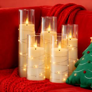 TEMU 내장형 스트링 조명과 3D 깜빡이는 불꽃이 있는 아크릴 무화염 캔들 5개 세트, 배터리 작동 플라스틱 캔들 (배터리 미포함), 리모컨 없음, 홈 데코, 할로윈, 크리스마스, 파티, 결혼식, 가족 행사 및 분위기 조명용