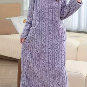 TEMU 여성용 겨울 따뜻한 두꺼운 나이트가운 - 부드러운 코랄 파자마 드레스, 라운드 넥, 루즈핏 롱 드레스, 홈 & 침대용, 편안한 잠옷, 손세탁 가능 (단색)