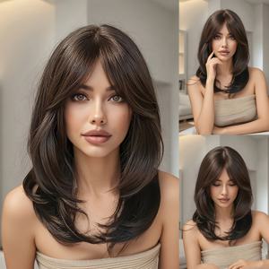 TEMU 여성용 18인치 다크 브라운 발라야지 가발 - 앞머리 포함, 내열 합성 섬유, 레이어드 숏/미디엄/롱 길이, 부드럽고 관리 쉬운 루즈 웨이브, 데일리, 파티, 직장 및 특별 행사용 (유럽 스타일)