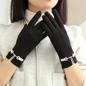 TEMU 여성용 터치스크린 장갑 1켤레 - 겨울 따뜻함, 탄성 있는 핏, 골드 체인 장식 풀 핑거 디자인, 블랙, 야외 활동, 캐주얼 웨어 및 추운 날씨 보호에 적합, 겨울 장갑