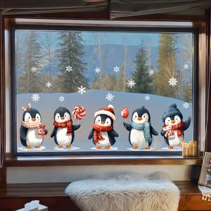 TEMU 재사용 가능한 정전기 펭귄 창문 스티커 - 겨울 눈송이 & 귀여운 펭귄 데칼 (모자와 스카프 포함), 자체 접착식 잔여물 없이 제거 가능한 플라스틱 필름, 문, 거울, 방 장식용 - 크리스마스 및 사계절/야외 장식 ()
