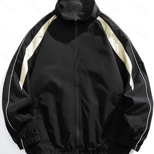 TEMU 남성 캐주얼 경량 재킷 - 봄/가을 컬러 블록 지퍼, 탄성 커프스, 세탁기 사용 가능, 회색 및 베이지색.