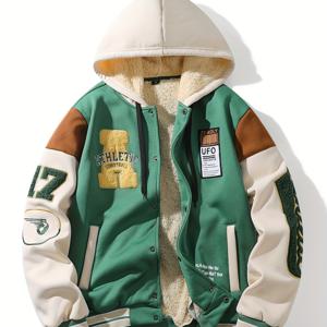 TEMU 남성용 캐주얼 후드 야구 점퍼, 자수 레터링, 컬러 블록 디자인, 스냅 단추 여밈, 긴소매, 포켓 - 그린 & 화이트, 레귤러 핏, 아웃도어 스포츠 & 캐주얼 복장, 캐주얼 아웃도어 웨어 | 컬러 블록 재킷 | 튼튼한 원단