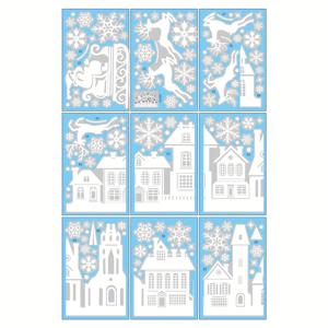 TEMU 9개 세트 정전기 창문 스티커 - 유럽 겨울 마을 풍경, 흰색 & 검은색 크리스마스 엘크, 썰매, 순록 & 눈꽃 장식 - 문, 거울용 자체 접착 플라스틱 시트 (잔여물 없음, 쉽게 붙임), 크리스마스 데코