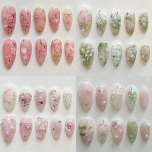 TEMU 96개 핸드메이드 3D 프레스온 네일 풀 세트 - 미디엄 아몬드 쉐입, 3D 플라워, 리본, 하트 & 라인스톤/글로시/글리터 팁 - 핑크 & 골든 여성용 인조 네일, 웨딩, 파티, 데일리 웨어 (쉬운 적용 키트)