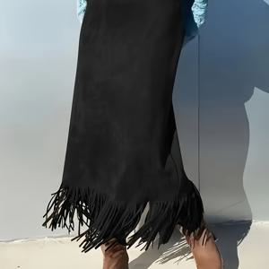 TEMU 여성용 우아한 롱 프린지 맥시 드레스 - 플로잉 트레인, 슬림핏 머메이드 헴 포멀 가운 (웨딩, 프롬, 갈라) - 세탁기 사용 가능 겨울 파티 드레스 (벨트 없음, 롱 프린지 헴)