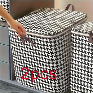 TEMU 2개 대용량 접이식 & 쌓기 가능한 스토리지 박스, 하운드투스(블랙/화이트) 플립 뚜껑 - 헤비듀티 화이트 프레임, 그레이 패널, 블랙 코너 - 헤비듀티 폴리프로필렌 옷장, 계절별 사용, 공간 절약형 (2