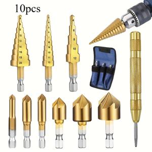 TEMU 10개 드릴 비트 콤비네이션 세트 | 고속도강, 파고다 드릴 센터 펀칭, 3점 드릴, 5날 모따기 도구, 나무 플러그 드릴, 킥스탠드 생크