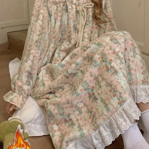 TEMU 여성용 겨울 화이트 파제말라 스타일 (오버드레스 스타일) 잠옷 드레스 - 두꺼운 따뜻한 긴팔 스모크 드레스, 짧은 화이트 파이핑 트림, 버튼 없는 클로저 (지퍼/버튼 없음), 손세탁 가능한 편안한 나이트가운 (속옷 없음)|여성원피스|인견원피스|파자마