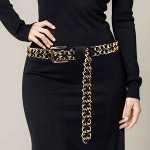 TEMU 1개 여성용 Y2K 골드톤 메탈 체인 벨트 - 블랙 & 골드 웨이스트 신치 버클, 조절 가능한 체인 링크 벨트 (청바지, 드레스, 파티, 웨딩용) - 다용도 내구성 액세서리 (깃털/패딩 없음) - 스트리트웨어 패션 벨트