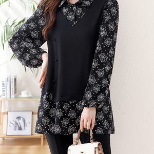 TEMU 플러스 사이즈, 1피스 여성용 우아한 루즈핏 블랙 & 화이트 플로럴 패치워크 블라우스 - 하이넥 반팔 셔츠 재킷 스타일 탑, 주름 방지 사계절 다용도 오피스, 캐주얼 및 데일리 커뮤트용 (세탁기 사용 가능)|반팔셔츠