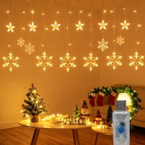 TEMU 1개 USB 전원 별 모양 눈꽃 LED 커튼 조명 - 따뜻한 빛, 무광 마감, 버튼 제어, 크리스마스 & 할로윈 장식에 적합, 실내 사용, 축제 분위기, 축제 조명 | 별 모양 조명 | USB 전원 조명