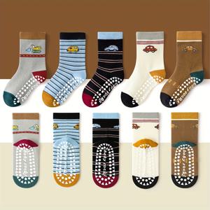 TEMU 만화 줄무늬 자동차 패턴이 있는 바닥 양말 5켤레, 접착점이 있는 소프트 솔, 남아, 여아, 아기, 유아 및 유아용, 실내 미끄럼 방지, 일본 스타일, 다용도 미드 튜브 양말, 캐주얼 데일리 라이프에 적합