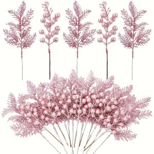TEMU 10개 혼합 팩 인조 핑크 소나무 잎과 반짝이는 베리 줄기 – 광택 마감, 섬세한 크리스마스 가지, DIY 장식, 트리 리스, 화병 센터피스, 계절별 테이블탑 액센트용, 축제 화환,우아한 휴일 장식,장식용 가지,리얼리스틱 소나무 바늘,고품질 인조 그린리,인공 그린리,계절 장식 애호가,휴일 쇼핑객