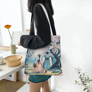 TEMU 여성용 한국 드라마 토트백 - 조선 시대 벚꽃 & 한국 커플 프린트 K-드라마 영감 핸드백, 전통 한국 의상 아트 (한복 스타일) - 내구성 있는 숄더백, 데일리 사용, 쇼핑 및 한국 문화, 2D 플랫