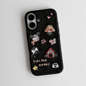 TEMU 고급스러운 블랙 데님 시리즈 귀여운 나비 자수 갈색 강아지 핑크 하트 3D 패턴 슬림 풀바디 폰 케이스, 17/16 Pro/15 Pro Max/14 Pro/13 호환, 일일 휴대폰 액세서리,충격 방지 휴대폰 커버,자수 폰 케이스,전체 커버리지 케이스,핑크 하트 디자인,자수 디테일,애완동물 주인용 액세서리,스타일 감각이 뛰어난 사용자들,매일|폰케이스