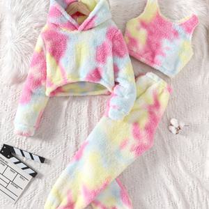 TEMU 여아용 겨울 홀치기 염색 양면 플러시 후드티, 조끼, 바지 세트 - 생생한 핑크, 옐로우, 패턴의 포근한 긴소매 의상, 추운 날씨, 캐주얼 웨어, 놀이 시간에 적합, 여아용 겨울 옷, 장난기 넘치는 디자인, 부드러운 질감