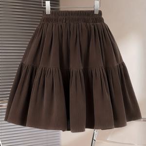 TEMU 플러스 사이즈, 여성용 플러스 사이즈 레이어드 A라인 스커트 - 두꺼운 코듀로이 느낌의 겨울 스커트, 플레어 우산 헴, 갈색 튤 느낌의 레이어 (신축성 없음), 가을/겨울 드레스, 파티 및 정장 행사용 세탁기 사용 가능한 논스트레치 (리치)|여성원피스|드레스