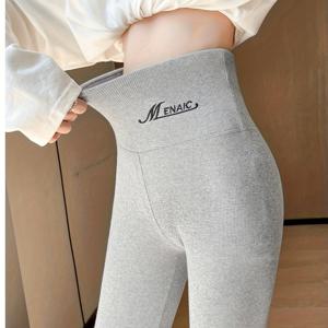 TEMU 여성용 하이웨이스트 스키니 레깅스 - 엉덩이 리프팅 & 복부 컨트롤, 7/8 기장 - 그레이/화이트 세로 탄력 허리 팬츠, 청바지 레이어링, 캐주얼 웨어 - 풀 기장 핏 (필요 없음)