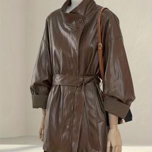 TEMU 여성용 우아한 커피 브라운 PU 재킷 - 벨트 허리, 구조적인 어깨, 신축성 없는 원단, 앞면 포켓이 있는 루즈핏 긴팔 코트 - 데일리 및 포멀 스프링/가을 아우터, 가을 재킷 여성, 여성용 재킷, 여성용 재킷