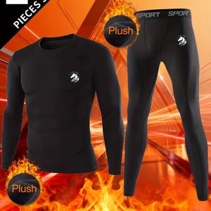 TEMU 2개 남성용 보온 압축 슈트 - 빠른 건조 플로킹 레이어링 세트 (말 머리 프린트) - 고탄력 타이트핏 속옷 (블랙/화이트) - 스키, 헬스, 겨울 스포츠용 - 추운 날씨 보온 운동복