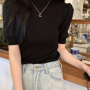 TEMU 여성용 우아한 하이넥 반팔 티셔츠 - 슬림핏 스트레치 블라우스, 사계절 레이어링 탑, 청바지, 드레스, 블라우스와 어울리는 솔리드 블랙 셔츠 - 오피스부터 캐주얼까지 다양한 스타일링|반팔티|반팔티셔츠|반팔블라우스