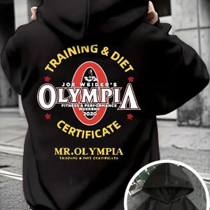 TEMU 남성용 헤비웨이트 250gsm 플리스 후드티 - 올림피아 로고 디자인 짐 테마 백프린트, 두꺼운 겨울 스웨트셔츠, 캥거루 포켓 & 드로스트링 후드, 100% 폴리에스터, 세탁기 사용 가능 - 트레이닝 및 일상용 캐주얼 애슬레틱 웨어