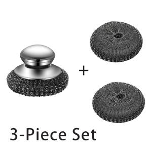 TEMU 3개 세트 헤비듀티 스테인리스 스틸 주방 & 욕실 청소 브러시 세트 (교체용 스틸 울 헤드 2개 포함) - 재사용 가능한 스크럽 브러시, 인체공학적 손잡이로 냄비, 팬, 식기, 샤워, 욕조 및 야외 사용에 적합 - 스크러버 도구