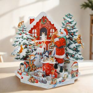 TEMU 1개 3D 팝업 고양이 집 크리스마스 카드 - 움직이는 고양이, 눈사람 & 산타 포함 - 고양이 애호가를 위한 인터랙티브 종이 카드, 파티 초대장 봉투 포함, 겨울 풍경과 태비/고양이 & 야옹 메커니즘 크리스마스, 새해, , 파티 이벤트용