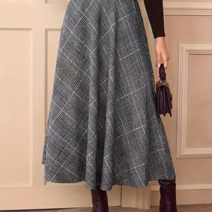 TEMU 여성용 하이웨이스트 A라인 맥시 스커트 - 우아한 체크 무늬 긴 원피스, 포켓, 벨트 없는 허리, 가을/겨울용 플레어 밑단, 오피스, 파티, 캐주얼 의상 - 시크한 포멀 & 데일리 스커트, 파티 복장, 오피스룩, 빈티지 스타일, 고품질 스티칭|여성원피스|드레스
