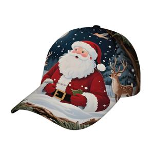 TEMU 크리스마스 & 사슴 아트 프린트 조절 가능한 폴리에스터 모자 - 축제 분위기의 눈이 내린 숲 디자인, 빨간색 & 색상, 편안한 캐주얼 모자로 , 크리스마스 모자