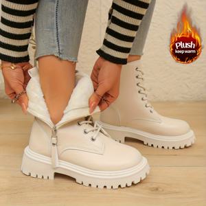 TEMU 여성용 겨울 따뜻한 페이크 청키 플랫폼 부츠 - 두꺼운 고무 밑창 & 레이스업 클로저, 라운드 토 미드 캐프 블랙 부츠, 쿠션 처리로 캐주얼 & 포멀 웨어 (눈, 얼음, 일상) - 사계절 다용도 신발