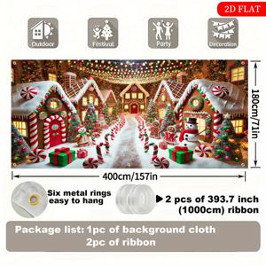 TEMU 2D 플랫, 1개 초대형 71x157인치 사탕집 크리스마스 장면 배경 - 2D 플랫 폴리에스터 파티 장식 (눈이 내리는 길, 젤리브레드 하우스 포함)