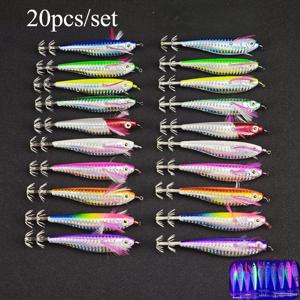 TEMU 20개 세트 AVLCOAK 새우 낚시 루어 - 야광 형광 오징어 미끼, 무지개 빛깔, 내구성 강한 훅, 바닷물 및 민물용, 참치, 고등어, 송어, 파이크, 배스 야간 낚시 루어 키트