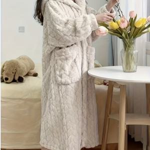 TEMU 여성용 겨울 플러시 후드 기모노 가운 파자마 코트 후디 - 두꺼운 재킷 스타일, 버튼 클로저 & 화이트 트림, 포근한 스타일 잠옷, 세탁기 사용 불가