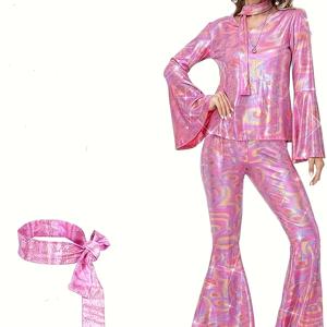 TEMU 70년대 80년대 레트로 디스코 코스튬 세트 - V넥 긴소매 점프수트, 스팽글 벨 슬리브 & 헤어밴드, 할로윈용 글리터 파티 의상, 테마 이벤트, 할로윈 코스튬, 디스코 파티 복장, 레트로 패션, 스팽글 장식, 테마 이벤트 복장