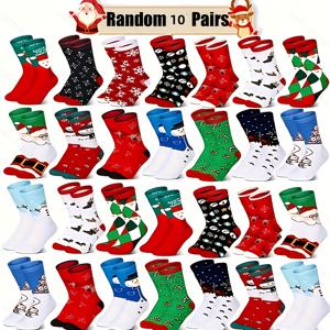 TEMU 10켤레 대량 팩 & 보온 겨울 따뜻한 크리스마스 양말 - 엘프, 순록, 눈송이 & 사탕 지팡이 패턴, 매칭용 컬러 코드 (빨강/초록, 파랑/분홍) - 아늑한 파티 의상, 가족 모임, 이벤트