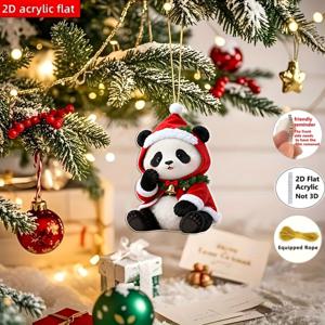 TEMU 2D 플랫, 귀여운 판다 크리스마스 오너먼트 - 2D 플랫 아크릴 레드 & 화이트 행잉 , 산타 모자와 스카프를 쓴 판다 베어, 내구성 있는 트리 장식, 크리스마스 파티, 홈, 선물용 키체인 액세서리, 2D 플랫