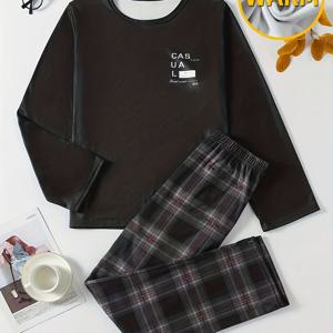 TEMU 2개 세트 남자 청소년 파자마 - 오버사이즈 긴팔 체크무늬 파자마와 매칭 팬츠, 부드러운 스트레치 원단 (마룬/타탄) - 14세 이상 청소년을 위한 사계절용 따뜻한 잠옷, 다양한 색상 옵션 (블랙/레드/탄) - 루즈핏 파자마, 청소년용|여름잠옷