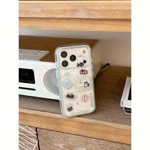 TEMU 카툰 캣 케이크 시계 2-in-1 트렌디 패션 보호 케이스 애플 아이폰 17 16 15 14 프로 맥스용, 스마트폰 케이스,기발한 스타일,카와이 패션,워터 트랜스퍼 프린트,재미있는 휴대폰 액세서리,트렌드 팔로워,고양이 애호가