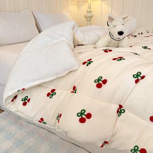 TEMU 따뜻하고 통기성 좋은 체리 프린트 가을/겨울 이불, 양면 밀크 두께감 초보온 헤비 담요, 밀크 두께감 겨울 이불, 겨울 담요,양면 디자인,장식용 던지기,두꺼운 패딩,울트라소프트 소재,플리스 담요,플러시 침구|이불