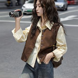 TEMU 여성 커피 브라운 민소매 조끼 - 포켓이 있는 우아한 레트로 재킷, 신축성 없는 원단, 루즈핏 라운드넥 (봄/가을용), 캐주얼 시크한 의상, 봄 아우터, 빈티지 감성, 고품질 스티칭, 스타일리시한 아우터