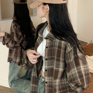 TEMU 여성용 빈티지 한국 스타일 체크무늬 셔츠 재킷 칼라 숏 크롭 블라우스 - 슬림핏 H라인 버튼 프론트 코트, 가을 겨울 캐주얼 & 세미 포멀 아웃핏용 브라운/베이지/화이트/블랙 타탄 트렌치 코트