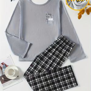 TEMU 2개 세트 소년 겨울 잠옷 - 두꺼운 보온 긴팔 잠옷, 체크무늬 회색/베이지 침구, 신축성 허리 바지 & 매칭 상의, 14세 이상 청소년용, 편안한 수면복 (손세탁 가능)